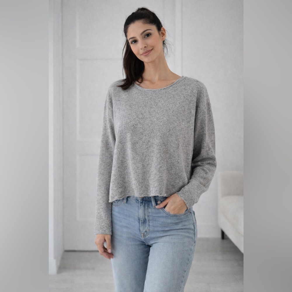 Eileen Fisher Silk Knit Boxy Cropped Sweater Marled Gray XS Fits S​